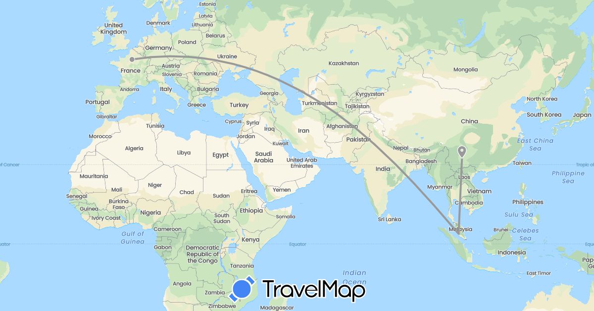 TravelMap itinerary: driving, plane in China, France, Malaysia (Asia, Europe)
